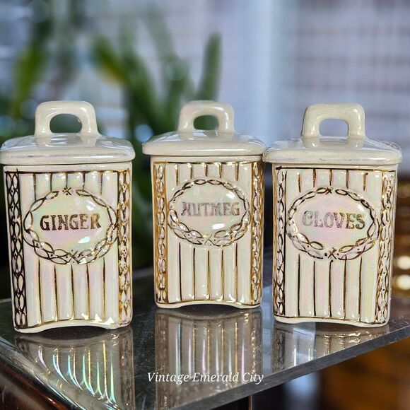 Vtg Iridescent Czechoslovakia Lusterware Labeled Spice Jars Set / 3 Ceramic Read - Picture 2 of 12
